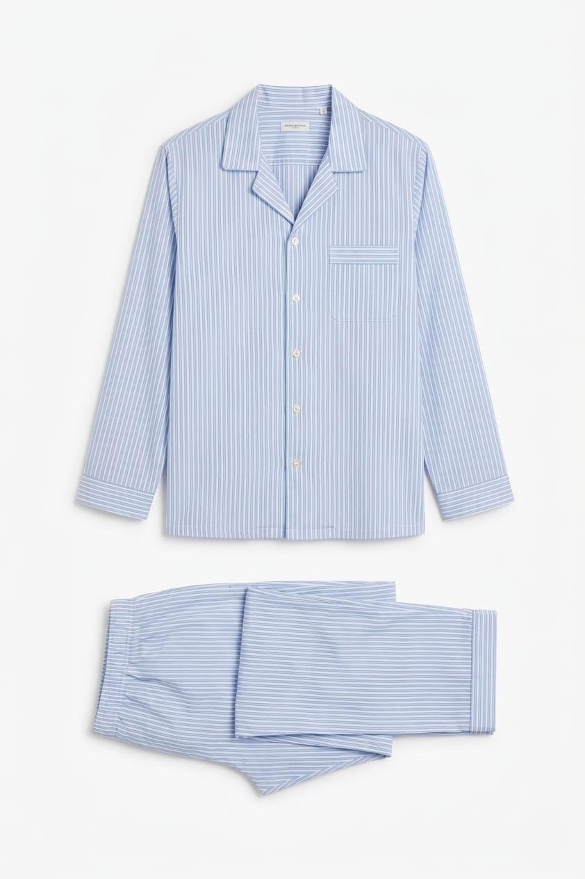 Blue striped pajama set on a white background
