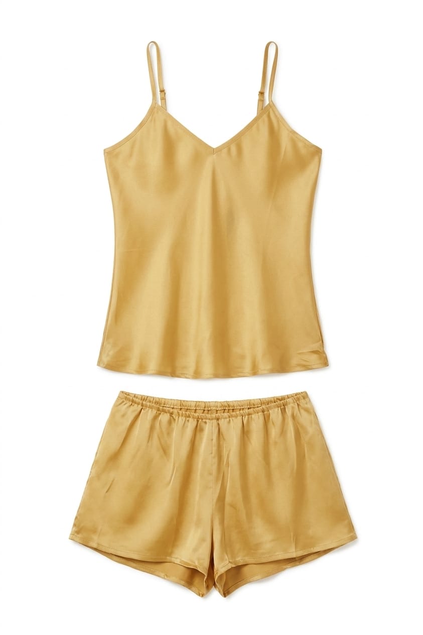 Gold satin camisole and shorts set on a white background