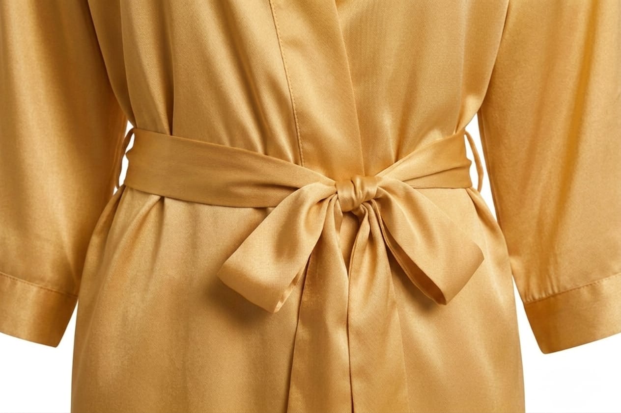 Close-up of a golden robe with a belt on a white background