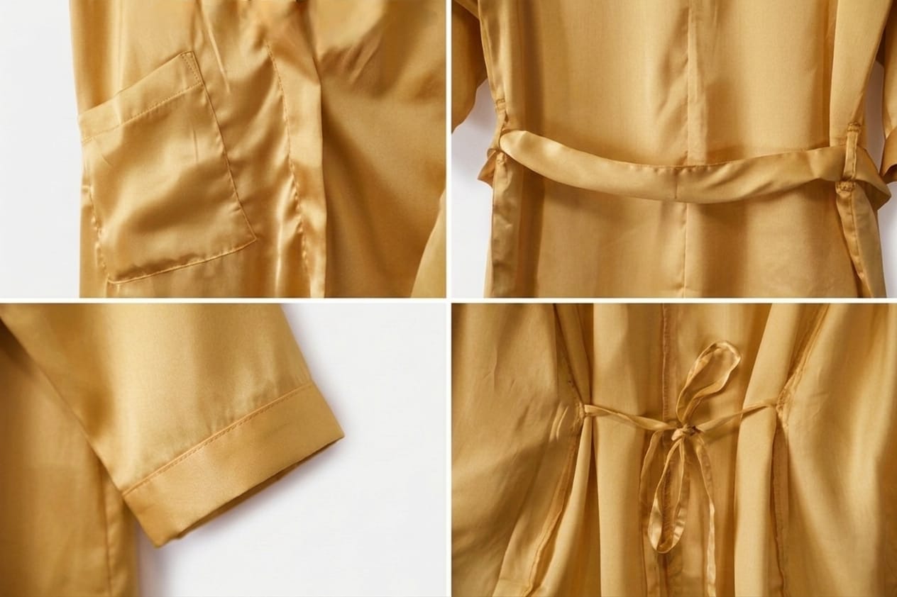 Collage of a  golden robe with close-up details on a white background