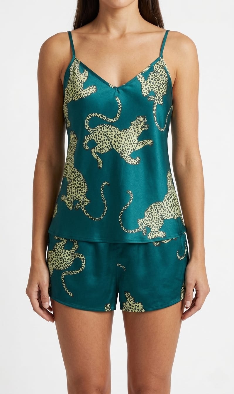 Woman wearing a green satin pajama set with gold animal prints on a white background