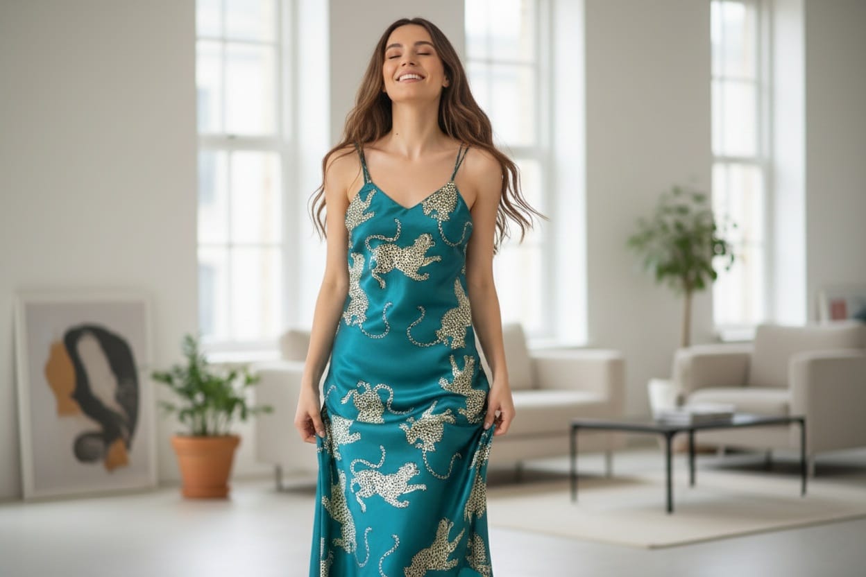 Woman in a teal satin nightgown with animal prints standing in a bright living room.