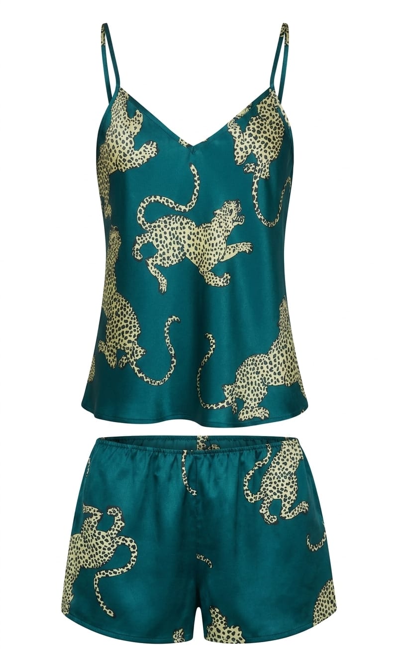 Teal satin pajama set with gold leopard print on a white background