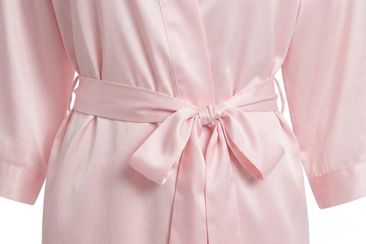 Close-up of a pink robe with a tie waist on a white background