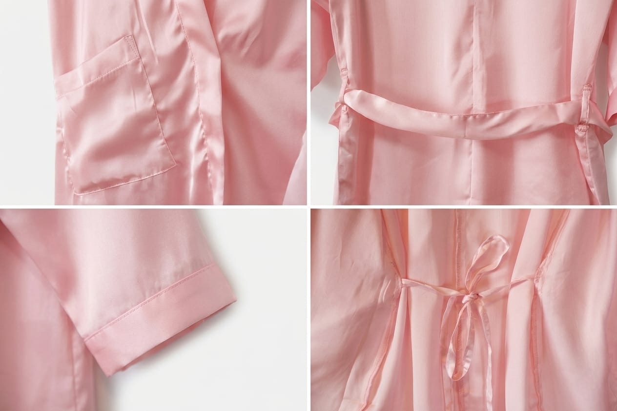 Collage of a pink robe with various details on a white background
