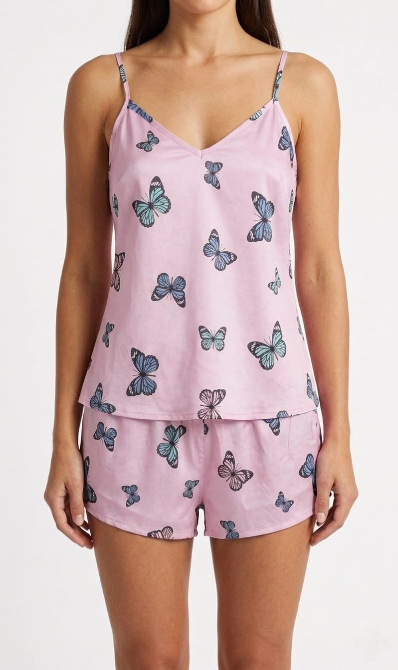 Pink pajama set with butterfly pattern worn by a model on a white background