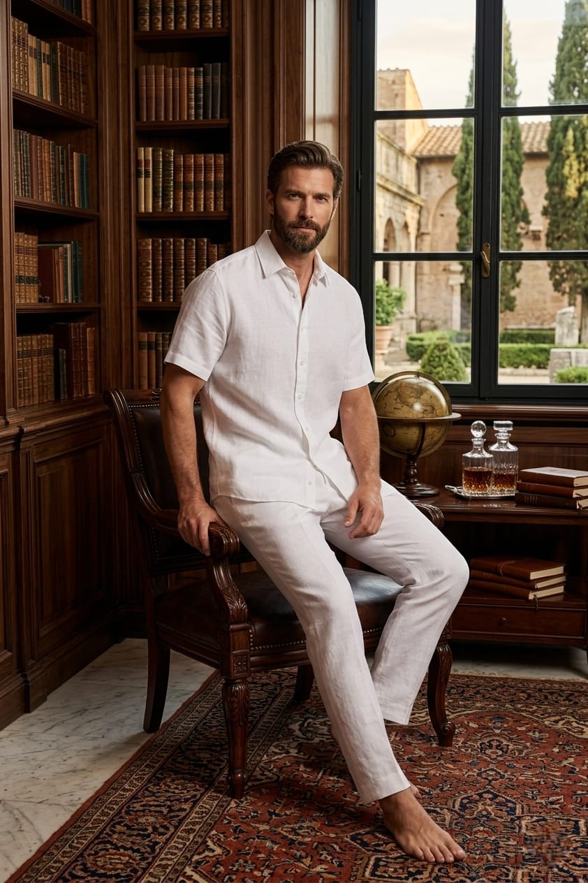 Man in a white outfit sitting in a room with bookshelves and a large window.