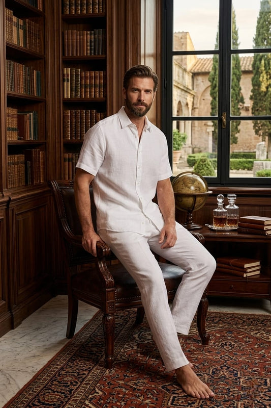 Man in a white outfit sitting in a room with bookshelves and a large window.