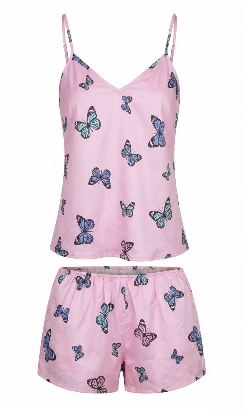 Pink pajama set with butterfly pattern on a white background