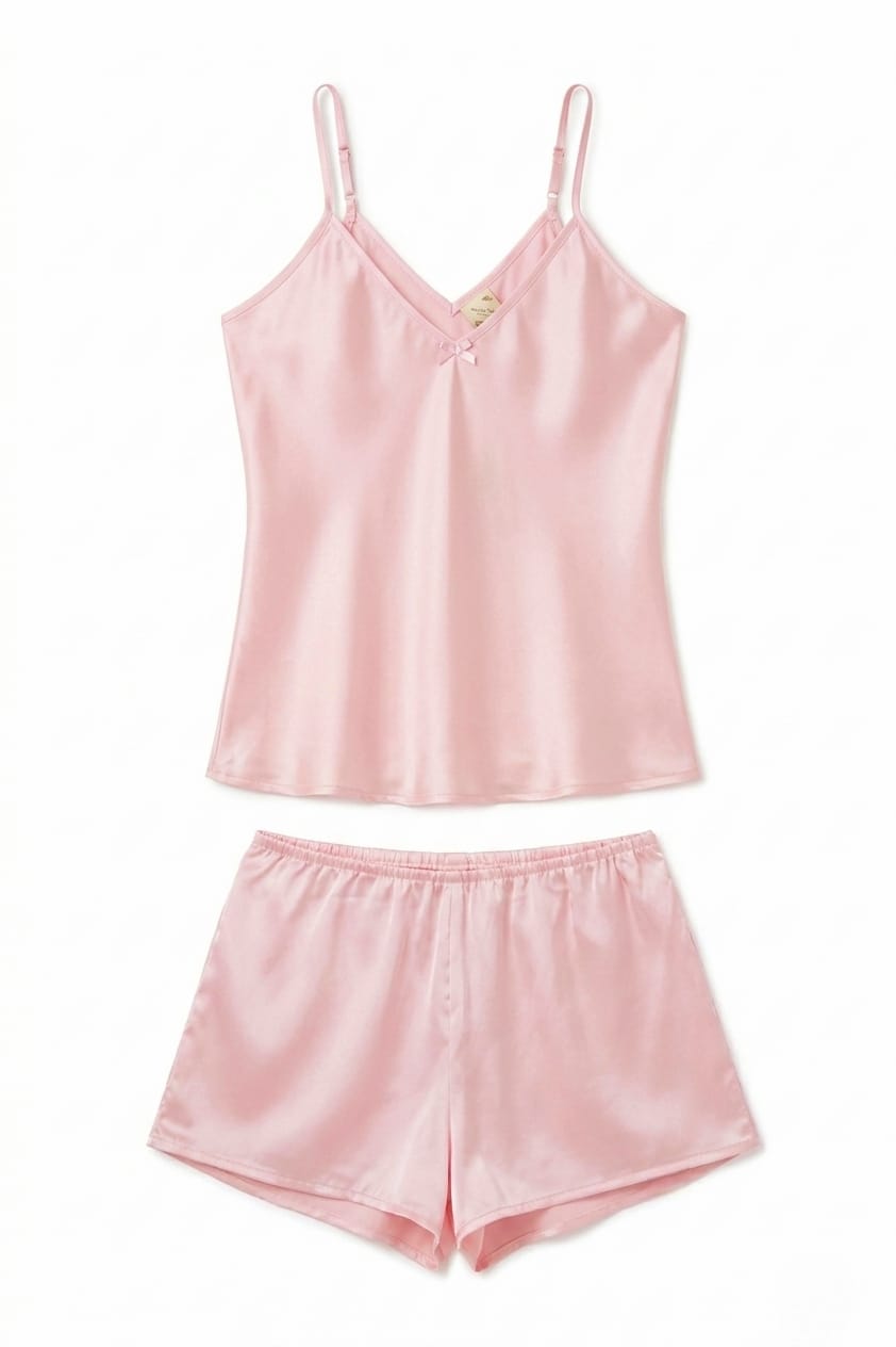 Pink satin camisole and shorts set on a white background