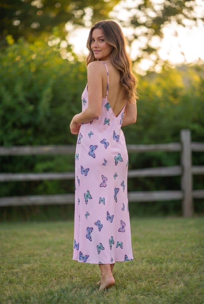 Woman in a pink dress with butterfly pattern standing in a grassy field.
