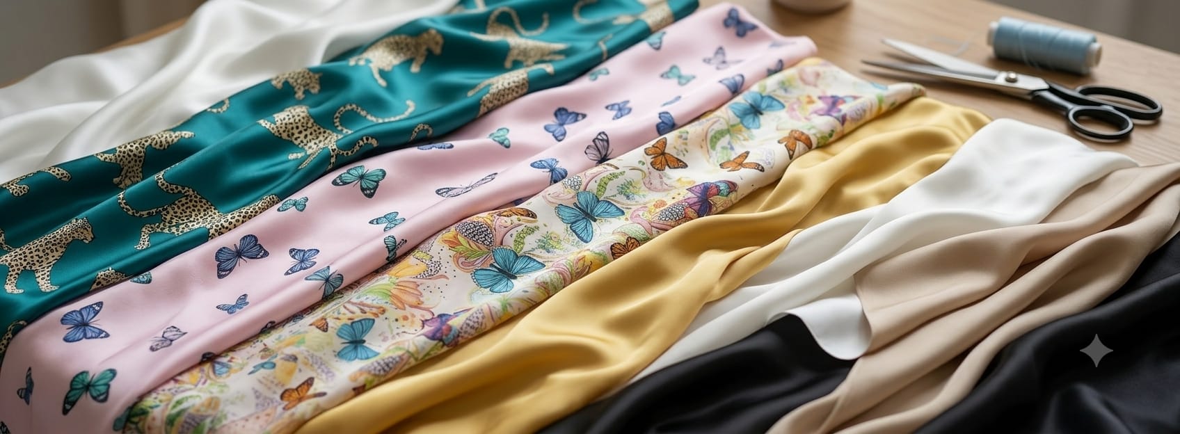 Colorful fabric samples with various patterns on a wooden surface.